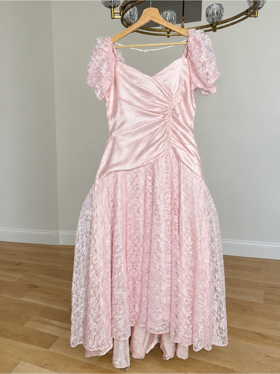 Union Made Dresses & Skirts - Vintage 80s Pink Satin Lace Maxi Dress Puff Sleeve Prom Gown Made in USA